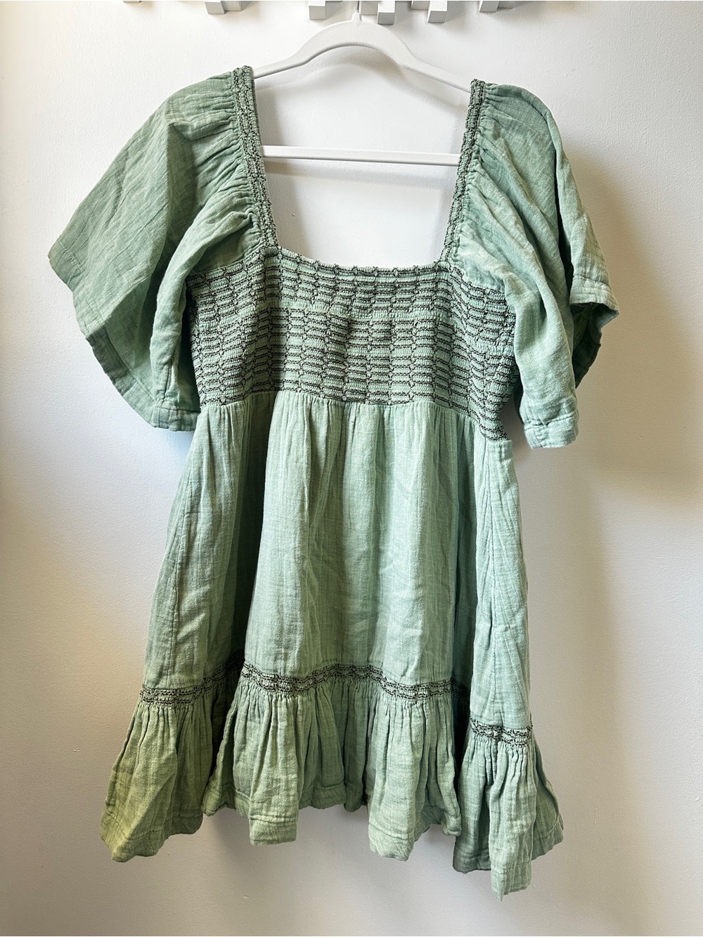 Free People Sage Green Smocked Cotton Mini Dress